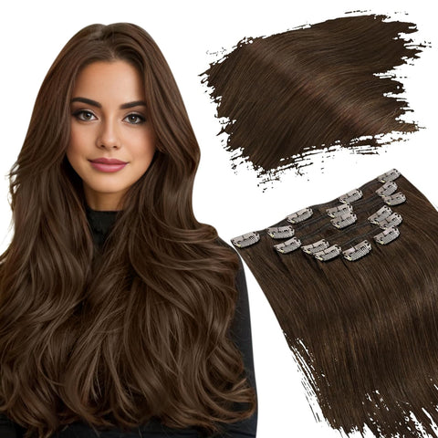 Ugeat 14" Human Hair Extensions Clip in Hair Dark Brown Color #4 Cilp on Real Remy Human Hair Silky Straight Brazilian Hair 120g/7pcs Per Package: 14inch, Chocolate Brown