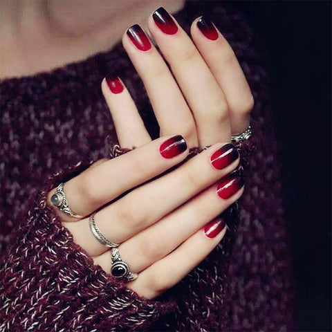 24 Pcs Black Full Cover Short False Gradient Jewelry Red Nails Gel Nail Art Tips Sets for Halloween Decals,Decoration