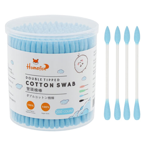 HOMEFOX Blue Cotton Swabs Precision Pointed - 200 Count Pointy Organic Cotton Buds Double Side Tightly Wrapped Charcoal Cotton Tips Paper Stick Soft Gentle Chlorine-Free Cruelty-Free, Pointy & Round