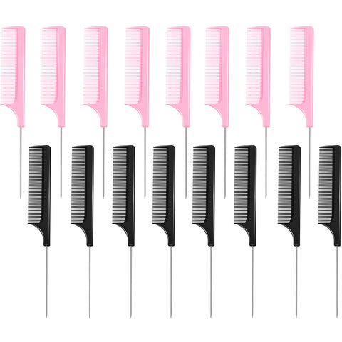 16 Pieces Metal Rat Tail Combs Black Pink Pintail Hair Combs Salon Fiber Back Combs for Women Girls Hair Styling at Home Salon (Black and Pink)