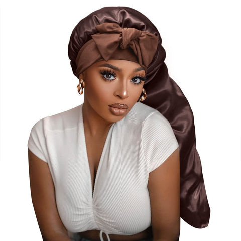 Isshin Beauty Satin Silk Bonnet Hair Cap: Long Bonnets with Elastic Tie Band Adjustable Straps Jumbo Size, Coffee, XL