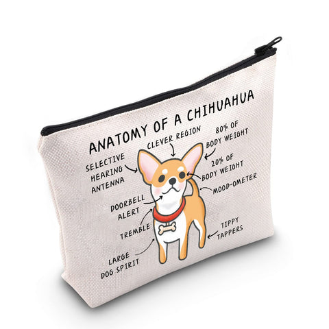 G2TUP Chihuahua Lover Gift Anatomy Of A Chihuahua Makeup Bag Chihuahua Mom Cosmetics Bag Chihuahua Owner Gift Dog Pet Lover Gift Zipper Travel Pouch, Anatomy Of A Chihuahua White Bag