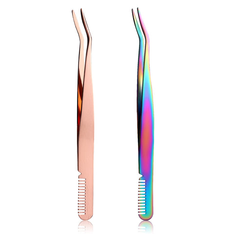 2pcs Lash Tweezers, Stainless Steel Lash Extension Tweezers with Comb 2 in 1 Eyelash Tweezers for Extension Applicator Tool for Cluster Lashes Tweezers for Individual Lash (2 Colors)