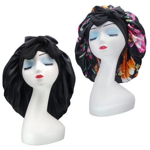 Hanbertti 2 Pack Silk Satin Hair Bonnet Sleeping Hat With Stretch Tie Band Bonnets Silk Bonnet Satin Bonnet Adjustable Bonnet for Curly Hair Sleeping Adult Women Girls?Black+Black Flower?