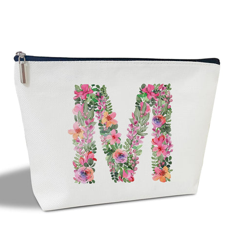 Initial Letter M Gifts for Women Mom Friend Besties Sister, Flower Monogrammed Makeup Bag, Cosmetic Travel Bag with Zipper for Mother's Day Wedding Graduation, Bride Bridesmaid Pouch Toiletry Bag - 13, White