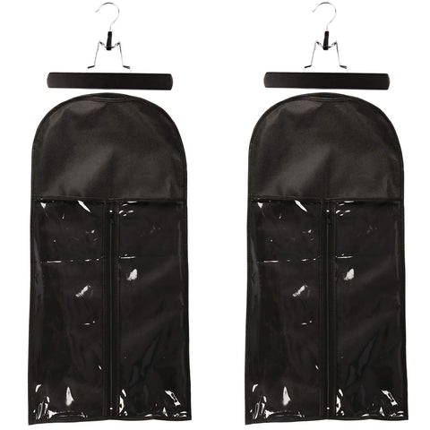 2 PCS Hair Extensions Storage Bag, Folding Storage Bags for Wig with Wooden Hanger,Dust Proof Portable Wig Storage Bag Hair Extension Carrier Holder With Strong Durable Zipper (Black)