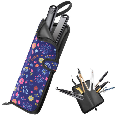 Homakover Hair Iron Travel Case, 13 x 5 Inches, Silicone Heat Resistant Mat & Pouch for Flat Iron, Curling Iron, Hair Straightener, Blue Pink Flower