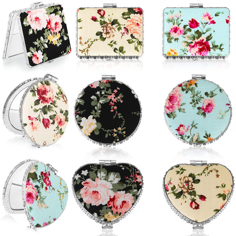 9 Pcs Retro Compact Mirrors Portable Compact Travel Mirror Flowers Folding Mirrors Vintage Purse Mirrors Floral Pocket Mirror for Women Girls Beauty, Round, Square, Heart (Silver Edge,Peony Pattern)
