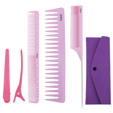 xnicx 5pcs Pink Styling Comb Set Heat Resitant Up to 180? Rat Tail Comb, Cutting Comb, Wide Tooth Comb for Backcombing Hair Styling Hairdressing Salon