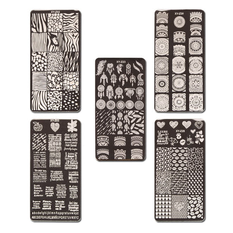 WOKOTO Nail Printing Plates DIY Tool 5 Pcs Text Animal Texture Image Templates Stamping Kit With Stamper And Scraper