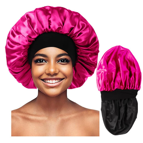 Bonnet for Men,Silk Bonnet for Sleeping,Double Layer Satin Bonnets for Women Curly Hair Braids,Reversible Sleep Bonnet, Black/Hot Pink, Large