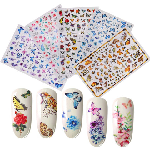 Butterfly Nail Art Stickers Flowers Holographic Self Adhesive Leopard Transfer Rose Nail Decals Butterfly Designs for Nails Supply Watermark DIY Colorful Butterflies Nail Art Foils for Nails Design Manicure Tips Decor