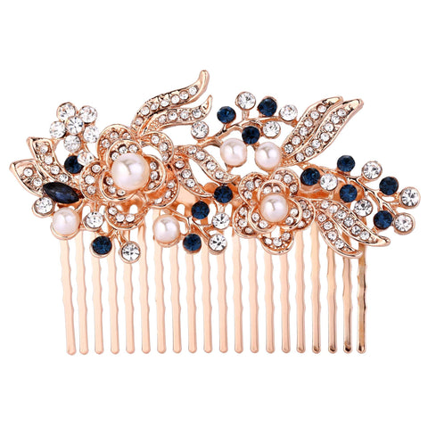 EVER FAITH Wedding Hair Comb Rhinestones Crystal Vintage Flower Bridal Hair Clips Accessories for Bride Bridesmaids Blue Rose Gold-Tone