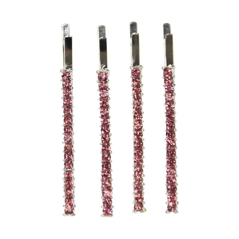 Silver Rhinestone Studded Hair Barette Bobby Pin Clip | 4 Count | Pink