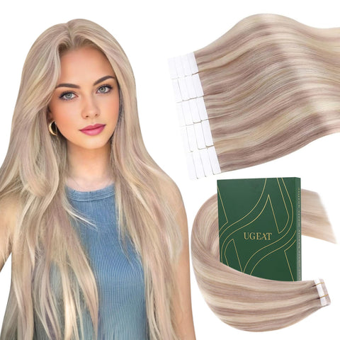 16Inch, P18/613: Ugeat 16Inch Ash Blonde #18 Highlight #613 Blonde Dip Dyed Extensions Seamless Glue In Hair Extensions Human Hair 20Pcs 50G Silky Straight Remy Pu Tape In Hair E