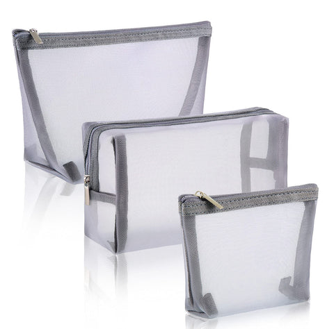Boao 3 Pieces Mesh Cosmetic Bag Mesh Makeup Bags Zipper Pouch for Offices Travel Accessories, 3 Sizes, Grey