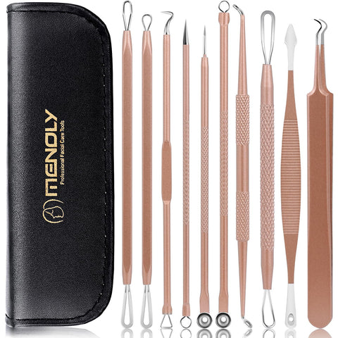 MENOLY 10 Pcs Blackhead Remover Pimple Popper Tool Kit, Acne Kit for Blackhead, Zit Removing, Whitehead Popping and Comedone Extractor Tool, with a Leather Bag (Rose Gold)