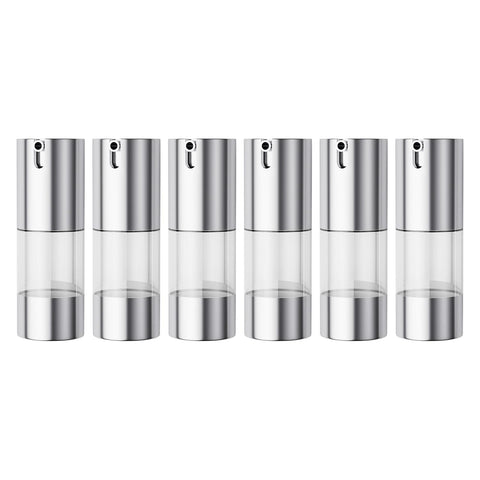 LONGWAY 15ml Airless Pump Bottle Silver Airless Cosmetic Cream Pump Bottle Travel Size Dispenser Refillable Containers?0.5oz/15ml?Pack of 6