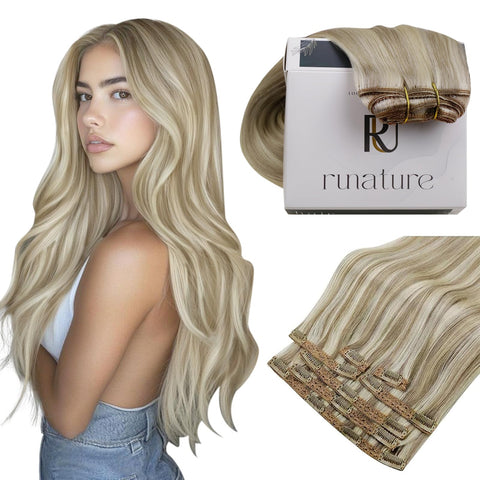 RUNATURE Hair Extensions Real Hair Clip in 16 Inch Color 8P60 Light Brown Highlighted Platinum Blonde Natural Hair Clip in Extensions 100g 9 Pieces Hair Extensions Clip in Human Hair