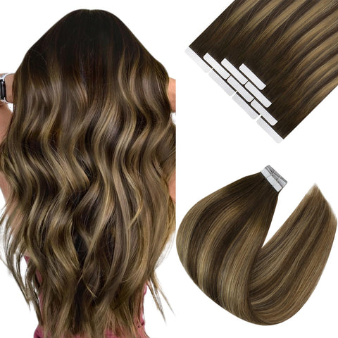 VeSunny Tape in Balayage Human Hair Extensions Dark Brown #4 Mix Caramel Blonde #27 Brazilian Tape in Brown Balayage Hair Extensions 20Pcs/50G 24 Inch: 24, Dark brown to blonde mixed