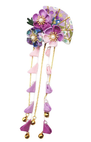 CRB Fashion Womens Girls Kimono Traditional Tsumami Kanzashi Outfit Wedding Japanese Asian Yukata Hair Tie Flower Floral Sakura Fan Barrette Clip (Lilac Blue)