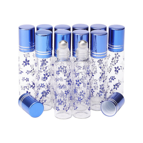 JIUWU 10ml Refillable Glass Roller Bottles, 12Pcs Blue Glass Roll on Bottles Empty Essential Oil Perfume Glass Sample Vials, Funnel Dropper Opener include