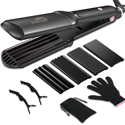 Sixriver Hair Crimper for Women - Ceramic Waver Hair Tool with 4-in-1 Flat Crimping Iron Plates, 15s Fast Heating, Volumizing Hair Crimper, for All Hair Types - Black