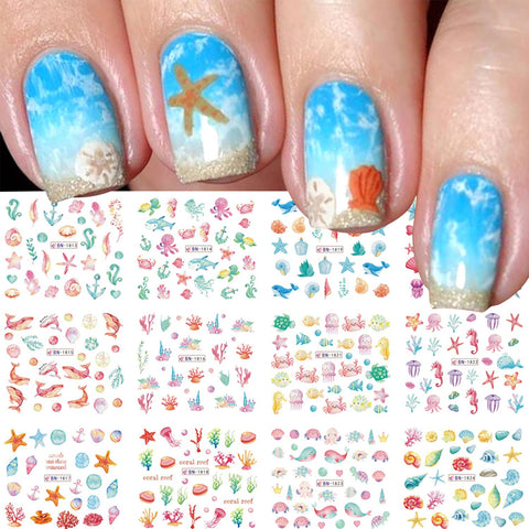 Firot Summer Ocean Nail Stickers Nail Art Water Transfer Decals Summer Nail Art Supplies Ocean Design Sticker Acrylic Nails Mixed Shapes Nail Ocean Shell Starfish Sea Animals 12 Sheets, 12 Piece Set
