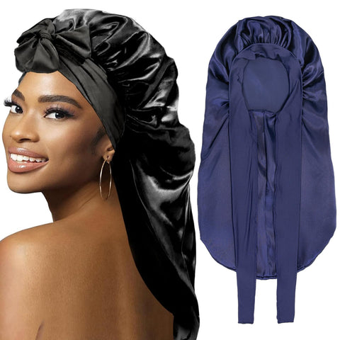 Bonnets for Black Women Braid Bonnet, Large Long Satin Bonnet for Braids, Silk Bonnet with Stretchy Tie Band Sleep Cap Hair, Black&dark Blue-2pcs, 2