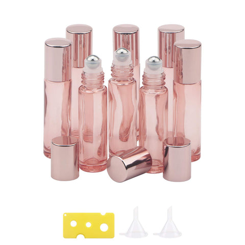 Newzoll 8 Pcs Roller Bottles Set, 10 ml (1/3 oz) Roller Bottles with Funnels & Opener, Glass Roll-on Bottles Vials for Perfumes Aromatherapy Essential Oils Liquid, Rose Gold