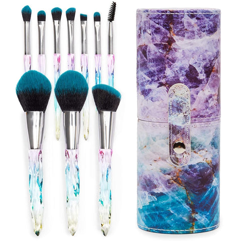 Acrylic Makeup Brush Set with Blue Travel Storage Case (10 Pieces)