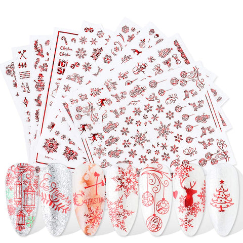 Christmas 3D Nail Art Stickers Laser Xmas Nail Decals Snowflake Elk Leaf Snowman Santa Tree Candy Winter Slider Self Adhesive Nail Stickers New Year Charms Nail Supplies DIY Decorations 9 Sheets Red