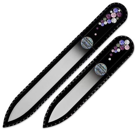 Mont Bleu Set Of 2 Crystal Nail Files Hand Decorated With Swarovski Elements, In Black Velvet Sleeve | Czech Tempered Glass, Hand-Made Glass Nail Files