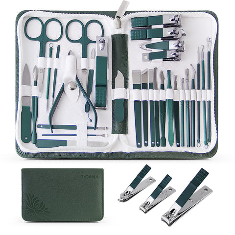 WOAMA 30-Piece Manicure Kit - Nail Clippers, Pedicure Tools, Facial Set with Green Leather Case - Unisex Adult Nail Care Kit