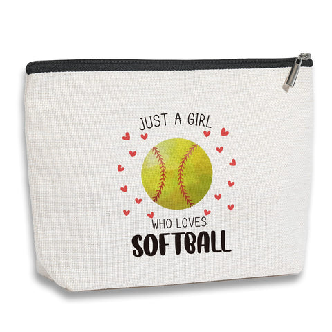 Softball Gifts Makeup Bag for Girls Inspirational Gifts for Women Her Softball Lovers Mom Daughter Sister Birthday Gifts for Female Coworker Friend BFF Besties - Just A Girl Who Loves Softball, Beige