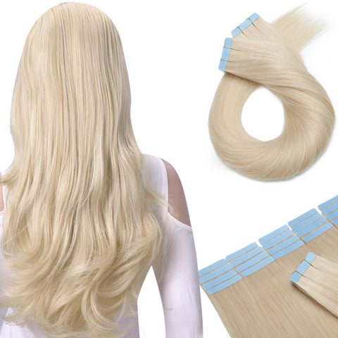 Benehair Platinum Blonde Tape in Hair Extensions 100g 40pcs 16 inch Long Remy Human Hair Highlighted Straight Seamless Invisible Skin Weft Invisible Double Sided Tape #60 100g