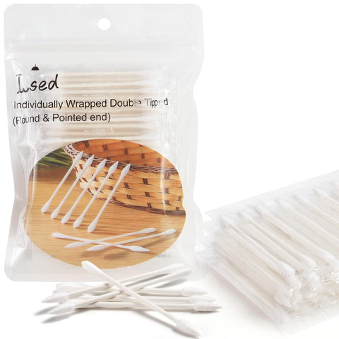Cotton Swabs, Q Tips, 100 Count Natural Cotton Buds, Individually Wrapped Double Tipped Cotton Tips for Ear, Beauty Care, Cleaning (Round & Pointed Shape Cotton Heads)