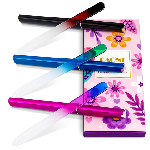3 Pack Glass Nail File, EAONE Crystal Nail Files with Case Gradient Mix Color, Double Sided Etched Filing Surface Finger Nail Files, Professional Manicure Nail Care Czech Glass File