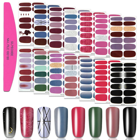 SILPECWEE 14 Sheets Adhesive Nail Art Wraps Decals Tips Manicure Kit for Women - Solid Color Vinyl Plastic Nail Wraps