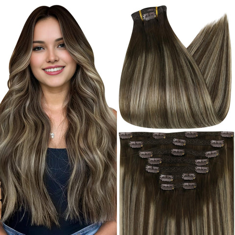16 , #2#8 : Full Shine 16" 100gram 10 Pcs Balayage Clip in Human Hair Extensions Best Rated Clip in Hair Extensions Color #2 Fading to Color #8 Full Head Clip in Hair Extensions