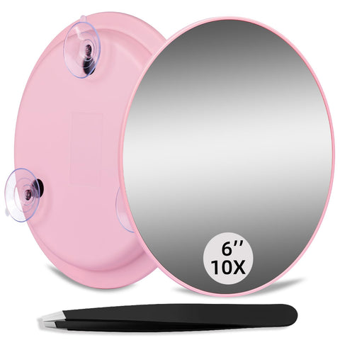 10X Makeup Magnifying Mirror, Large 10X Makeup Magnification Mirror, Round Magnifying Mirror, Compact 6'' Travel Magnifying Mirror with 3 Suction Cups, 10X Handheld Travel Magnified Mirror & Tweezers