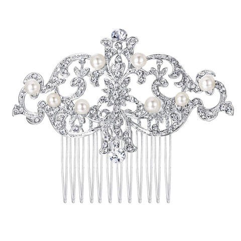 Ever Faith Bridal Silver Tone Simulated Pearl Flower Austrian Crystal Hair Comb Headpiece
