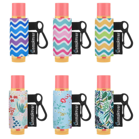 Homakover 6 Pack Compact Clip-On Chapstick Holder Premium Release Clip Neoprene Sleeve Lip Balm with Clip Fits Most Standard Lip Balm, Large