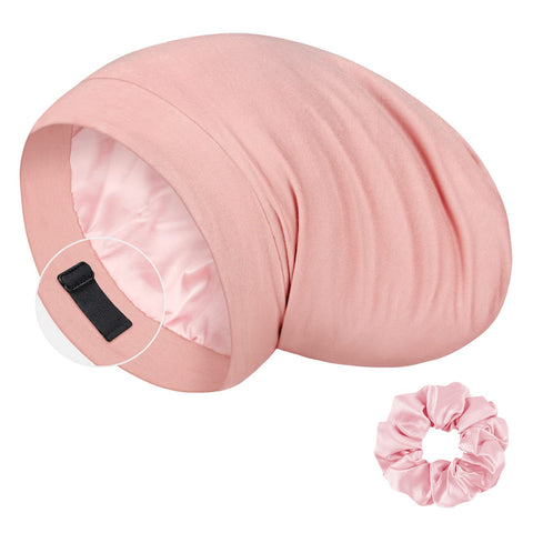 LULUSILK Silk Lined Sleep Cap, No More Frizzy Tangled Hair, Stay On All Night Silk Hair Wrap for Sleeping with Adjustable Strap, Silk Bonnet and Scrunchie for Women and Girls, Pink, Pack of 1
