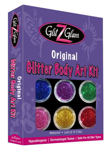 Original Glitter Tattoo Kit and Temporary Tattoos - HYPOALLERGENIC and DERMATOLOGIST TESTED!- by GlitZGlam with 6 LARGE Glitters Pots