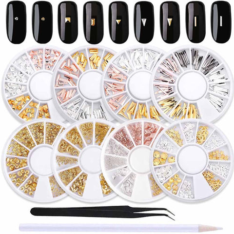WOKOTO 8 Pack 3D Geometry Metal Nail Art Studs Kit Mix-Shape Nail Charm Gold Sliver Nail Rivet Set Manicure Jewelry Decoration With 1Pc Tweezers