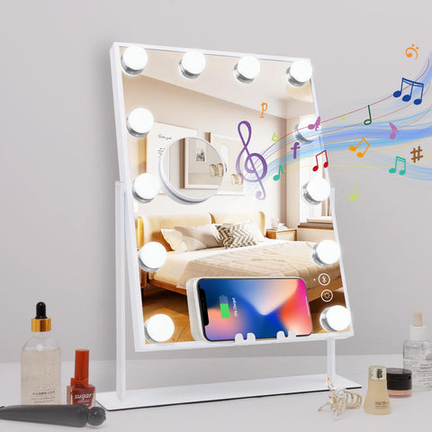 Leishe Hollywood Vanity Mirror with Lights and Speaker Lighted Makeup Mirror with Wireless Charging and 3 Lighting Modes, Detachable 10x Magnification (11.81" x 16.14")