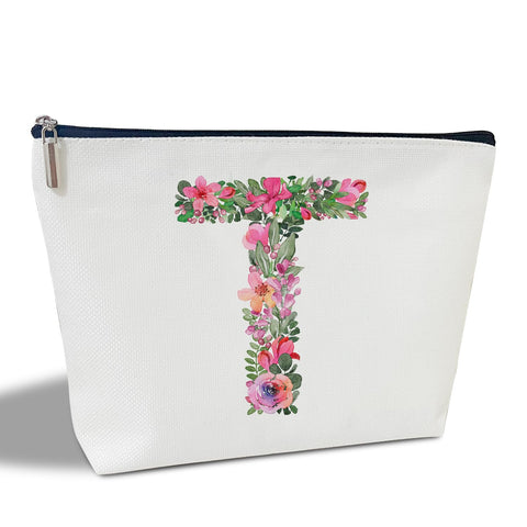 Initial Letter T Gifts for Women Mom Friend Besties Sister, Flower Monogrammed Makeup Bag, Cosmetic Travel Bag with Zipper for Mother's Day Wedding Graduation, Bride Bridesmaid Pouch Toiletry Bag - 20, White