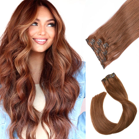 Clip in Hair Extensions Human Hair 7pcs 70g Set #30 Medium Auburn Silky Straight Top Grade 7A Remy Extensions Clip-in Hair for Women