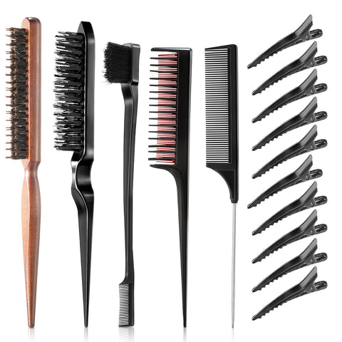 15 Pieces Teasing Brush Set Boar Bristle Hair Brush Fluffy Hair Brush Rat Tail Comb Triple Teasing Comb Dual Edge Hair Brush with 10 Duckbill Clips for Women Girl Back Brushing Combing Slicking Hair